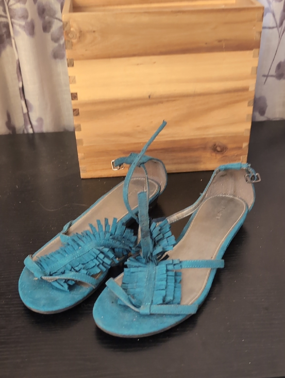 FIONI Clothing Teal Fringe Ankle-Strap Sandals
